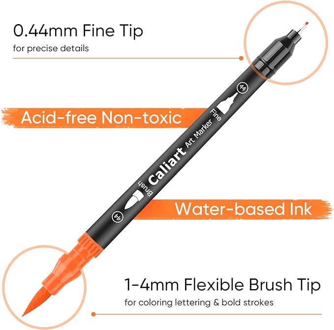 Caliart 34 Double Tip Brush Pens Art Markers for Adult Coloring Books | Artist Fine & Brush Coloring Markers for Journaling Calligraphy Lettering Planners Drawing Teacher Office Art Supplies