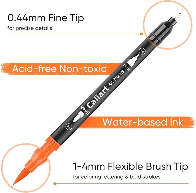 Caliart 72 Colors Double Tip Brush Pen Art Markers for Adult Coloring Books | Artist Fine & Brush Coloring Markers for Journaling Calligraphy Lettering Planners Drawing Teacher Office Art Supplies