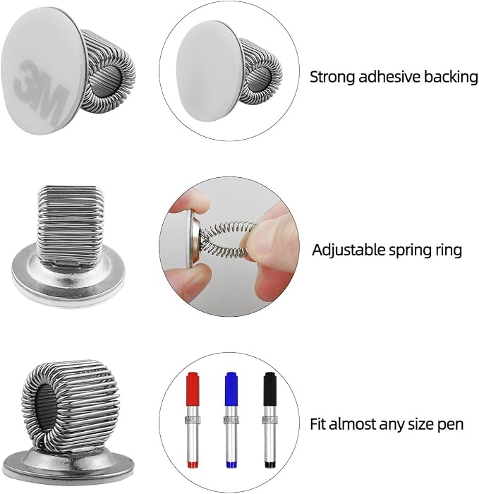 8 Pcs Manganese Steel Pen Holder Clips Self Adhesive Pencil Organizer with Adjustable Spring Loop for Erase Board Whiteboard Bulletin Board Refrigerator Map Office Home Fit Any Size (Silver)