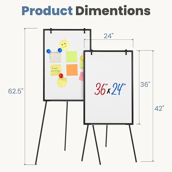DUMOS Whiteboard Easel 36 x 24 Inches, Magnetic White Board Dry Erase, Porbable Boards Height Adjustable, Dry Erase Board with Stand for School, Office and Home, Silver Aluminium Frame, Black