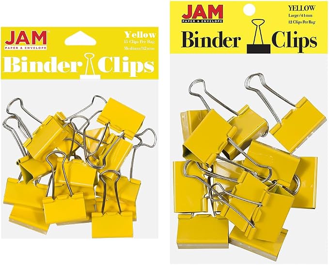 JAM PAPER Colorful Binder Clips Assortment - Medium & Large Size - Yellow Binderclips - 27 Clips/Pack
