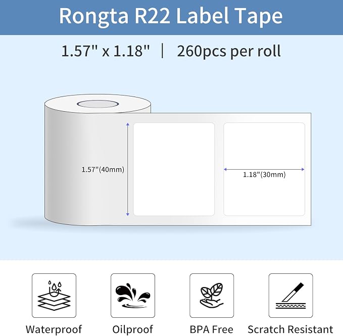 Rongta Label Tape for R22, Standard Laminated Thermal Label Tape Replacement, Waterproof, Oil-Proof Sticker for Home Office Small Business Labeling (White, 1.57''×1.18'' (260 Labels/Roll))