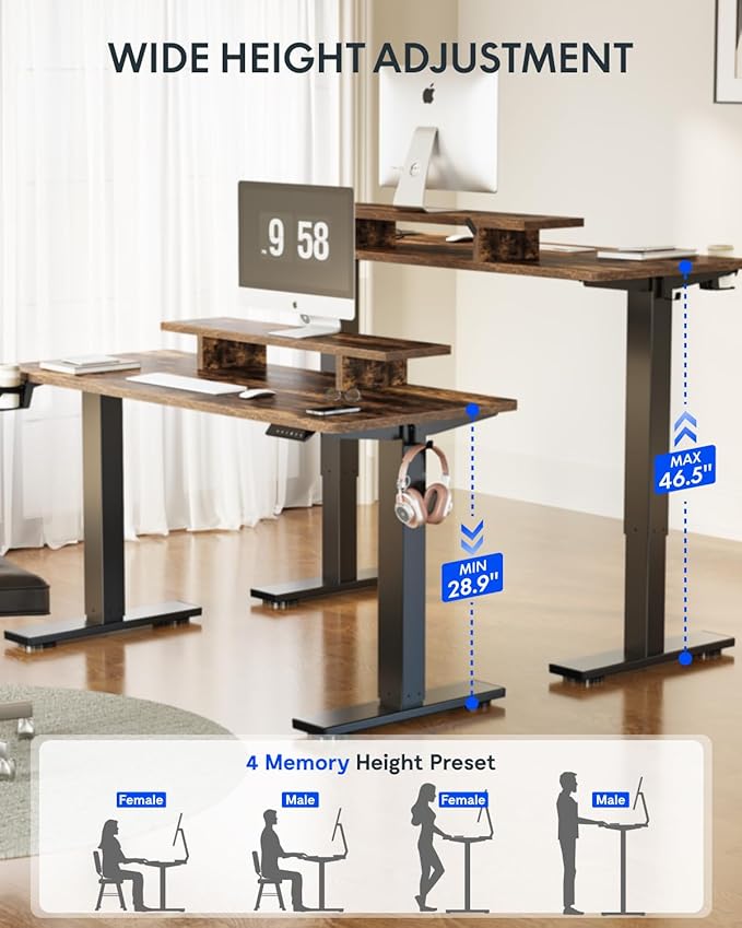 FLEXISPOT Standing Desk with Monitor Stand, 55 x 24 Inches One-Piece Electric Height Adjustable Computer Desk with Cup Holder for Home Office, Rustic