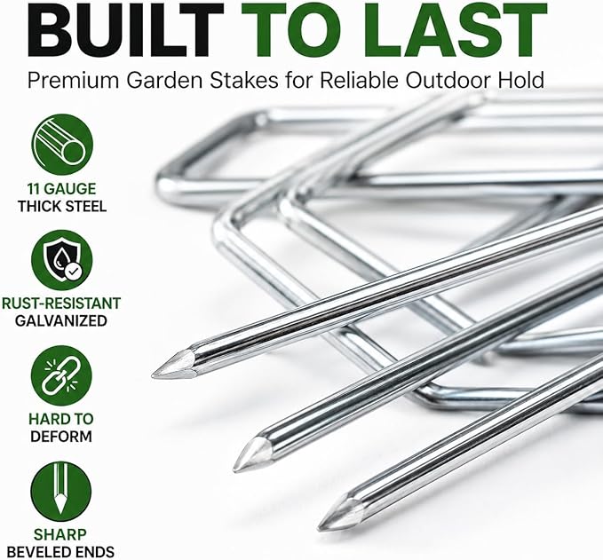 HOOPLE 50 PCS 6 Inch 11 Gauge Galvanized Landscape Staples, U-Shaped Stakes for Weed Barrier Fabric, Outdoor Tent Stakes, Anti-Rust Garden Staples