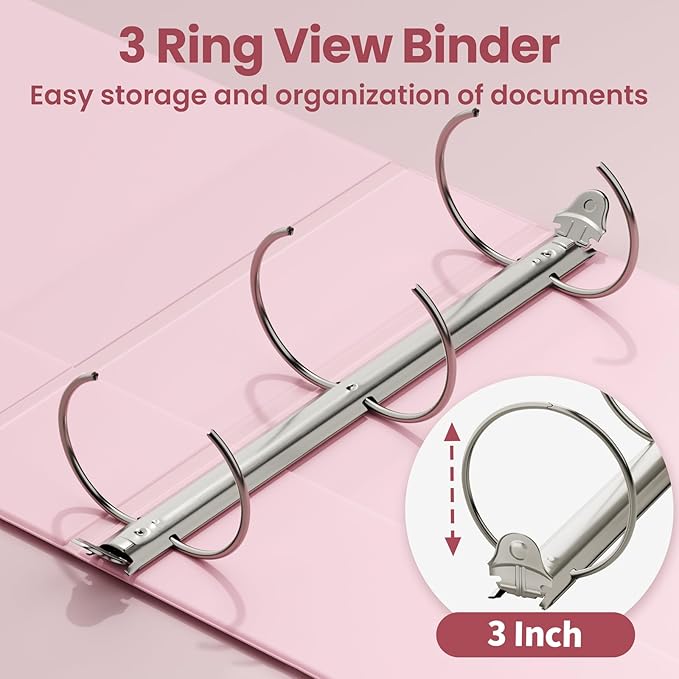 SUNEE 3 Ring Binder 3 Inch 2 Pack, Clear View Binder Three Ring PVC-Free (Fit 8.5x11 Inches) for School or Office Supplies, Pink