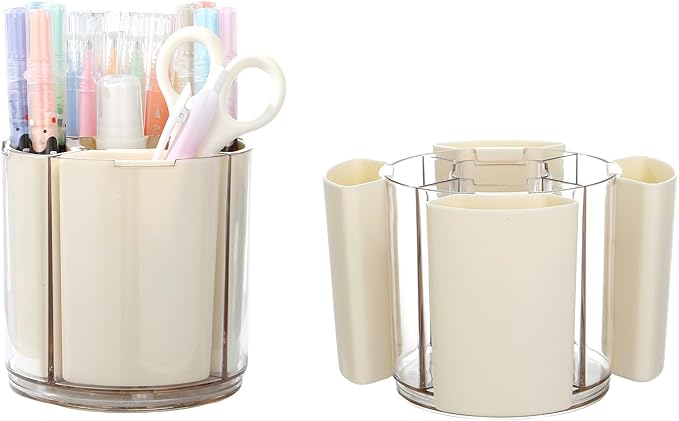 Comix 360° Rotating Pen Holder for Desk, Pencil Holder with 5 Slots, Cute White Plastic Desk Organizer for Home School Office Supplies