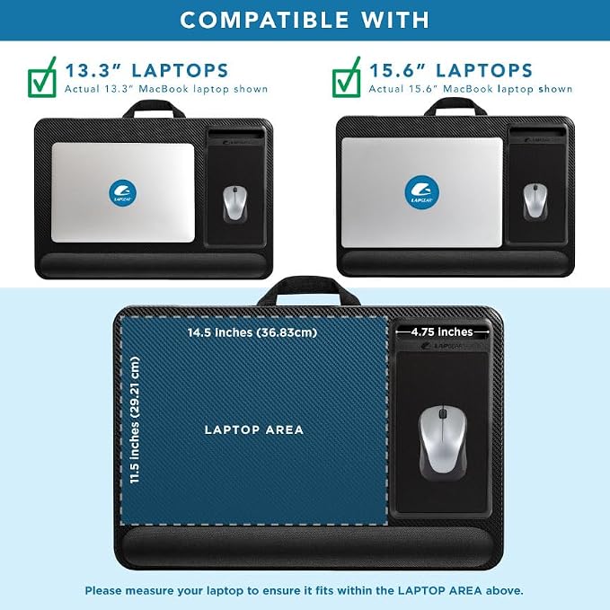 LAPGEAR Home Office Pro Lap Desk - Black Carbon, Fits 15.6” Laptops | Built-In Mouse Pad & Phone Slot, Wide Cushioned Wrist Rest, Dual-Bolster Microbead Cushion, Carry Handle