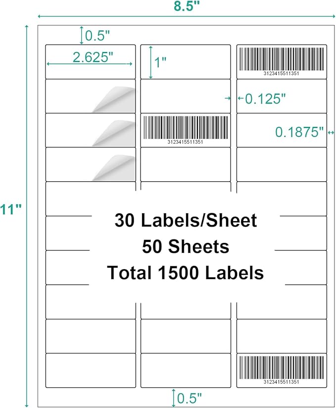 1500 Labels Address Label Sticker for Laser & Inkjet Printer 50 Sheets, 1" x 2-5/8" White Blank Printable Shipping Address Labels, Strong Adhesive for FBA Label, Easy to Peel
