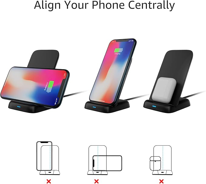 Amazon Basics Wireless Phone Charger Stand, 10W Qi Certified with USB Cable, Compatible with iPhone 16/15/14/13/12/11/X, Samsung & More, with USB Cable, Black (No AC Adapter)