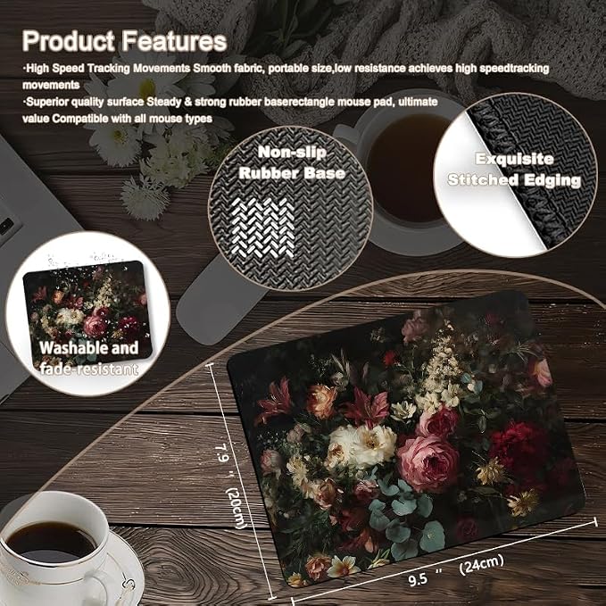 Vintage Gothic Floral Square Mouse Pad, Dark Academia Romantic Pink Rose Flower Mousepad Mat for Home Office Computer Gaming Desk Accessories 9.5x7.9 in