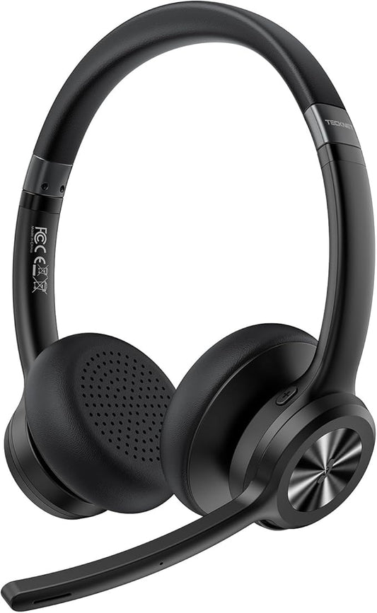 TECKNET Wireless Headset, Bluetooth Headset with Noise Cancelling Microphone - Rechargeable Bluetooth V5.2 Headphones, 50H Playtime & Mic Mute, On Ear Headphones for Trucker/Remote Work/Call Center