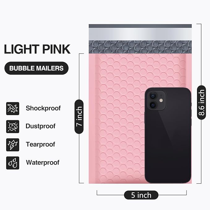 UCGOU Bubble Mailers Padded 5x8.6" Usable Size 5x7" Light Pink 100 Pack | Waterproof Lightweight Mailing Packages,Opaque Self Seal Adhesive Boutique Padded Shipping Bags for Jewelry Makeup Supplier