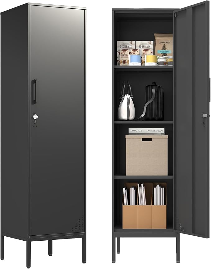 Black Metal Locker Cabinet, 59.1" Lockable Storage Locker for Employees with Adjustable Shelves, Locking File Cabinet Door for Office, School, Gym, Garage