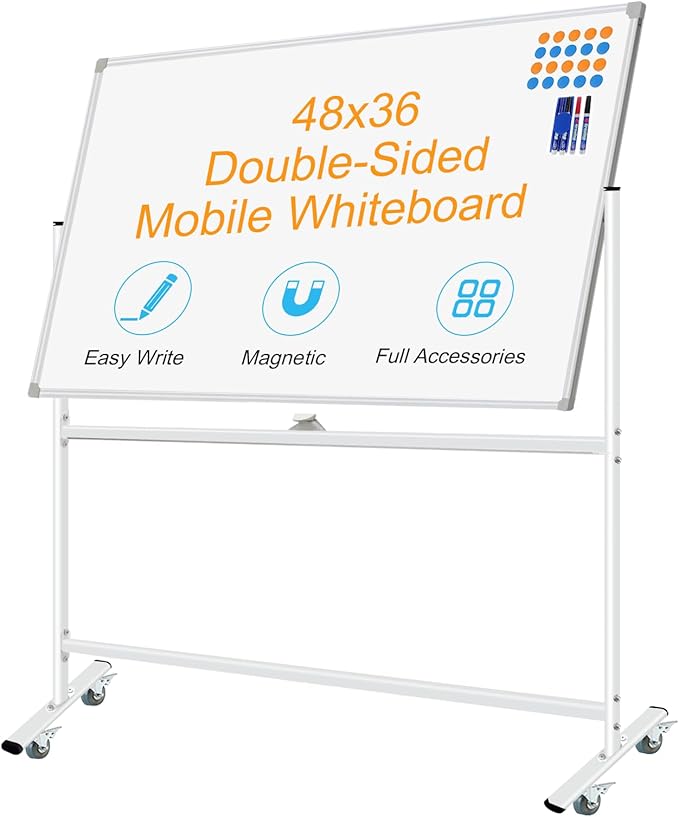 Double-Sided Mobile Whiteboard 48 x 36, Rolling Magnetic Board With Stands, Dry Erase on Wheels, Large White Board With 1 Eraser, 4 Markers and 20 Magnets