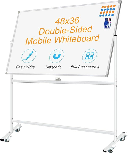 Double-Sided Mobile Whiteboard 48 x 36, Rolling Magnetic Board With Stands, Dry Erase on Wheels, Large White Board With 1 Eraser, 4 Markers and 20 Magnets
