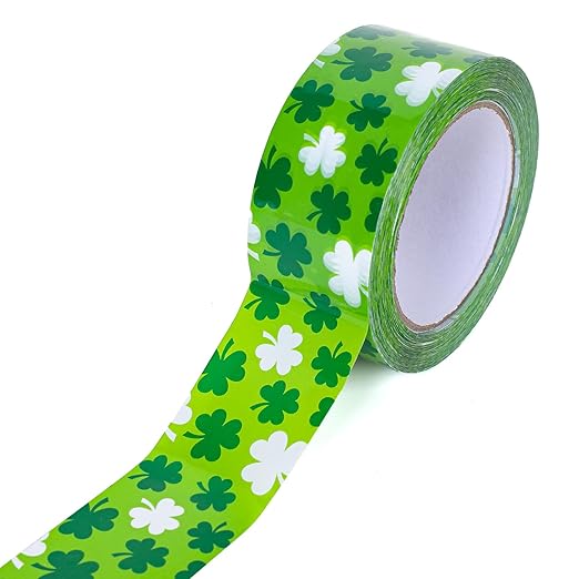 Whaline 109 Yard St Patrick's Day Packing Tapes Irish Luck Green White Shamrock Clover Pattern Decorative Tape Waterproof Gift Wrapping Tape for Small Business DIY Crafts Box Carton Decor
