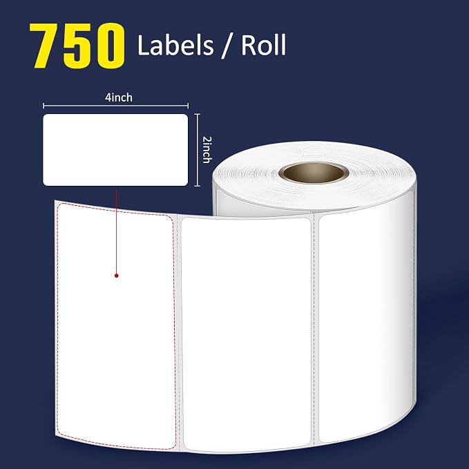 L LIKED 4" x 2" Direct Thermal Labels, 750 Barcode Shipping Labels | Permanent Adhesive, BPA Free, Block Old Information, Perforated, Compatible with Rollo, Zebra and Other Desktop Printers