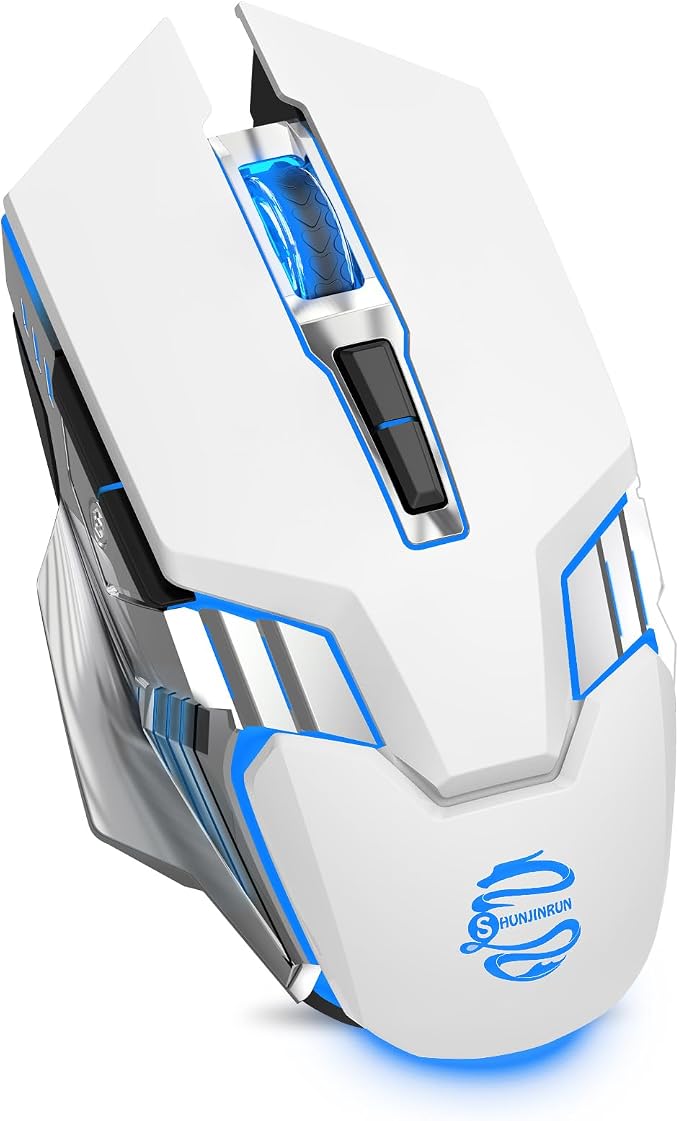 3-Mode RGB Silent Rechargeable Wireless Gaming Mouse White | BT5.0/BT3.0+2.4G connection, RGB backlight & quiet click, for gaming office, compatible with Laptop, PC, Mac, iPad & Tablet