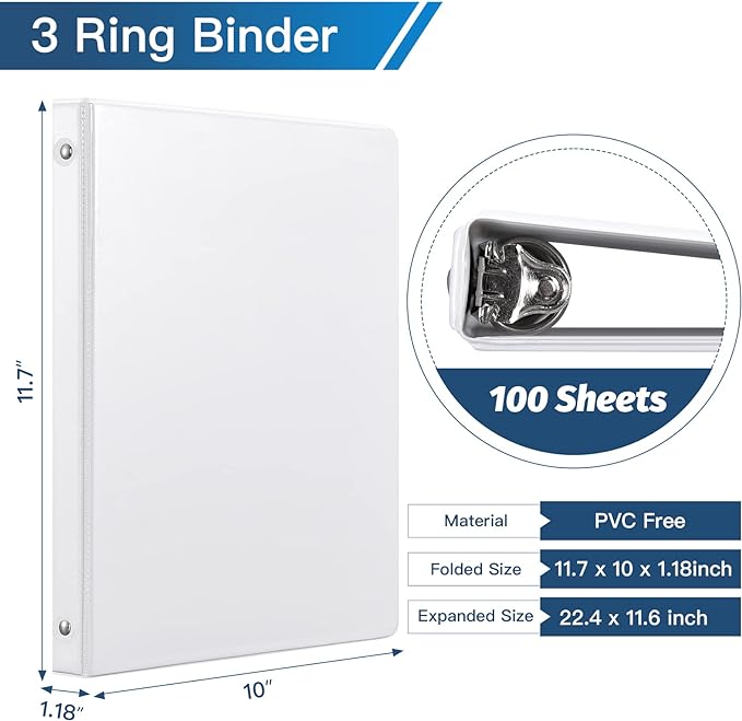 SUIN 1/2-Inch 3 Ring Binders with 2 Interior Pockets, Basic 0.5'' Binders Holds 100 Sheets Letter Size, Office School Home, 6 Pack