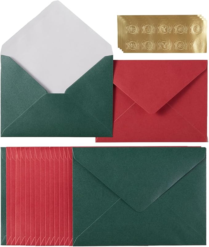 50 Pieces Shiny Christmas Envelopes, Red and Green, 5x7 | Gold Stickers Included, For Wedding Invitations, For Graduation, For Baby Shower, For Greeting Cards