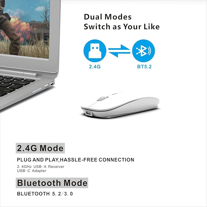 HOTDREAM Bluetooth Wireless Rechargeable Mouse for MacBook Pro/Air/iPad Air/iPad Pro/Laptop/Tablet/iPhone/PC, Bluetooth 5.2/3.0 and 2.4GHz Dual Mode Mouse (White)