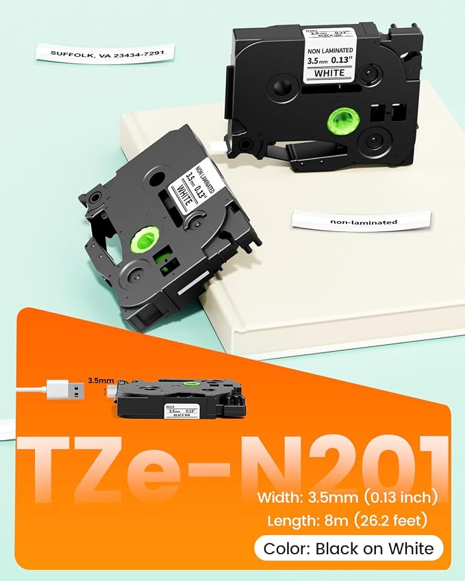 3.5mm 0.13'' Label Maker Tape Replacement for Brother TZe-N201 TZeN201 | P Touch TZe TZ Label Tape Non-Laminated Narrow Refills, Compatible with PT-D210 PT-D220 PT-H110 PT-D200, 4-Pack