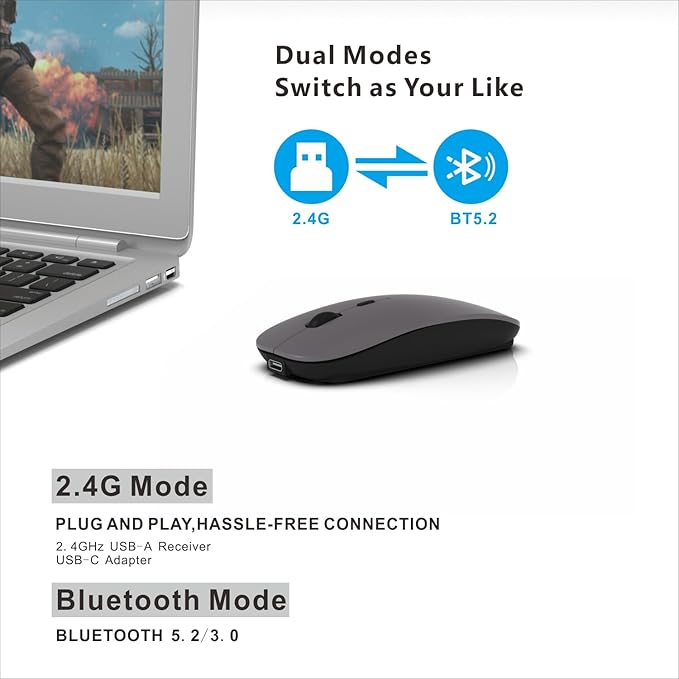 HOTDREAM Bluetooth Wireless Rechargeable Mouse for MacBook Pro/Air/iPad Air/iPad Pro/Laptop/Tablet/iPhone/PC, Bluetooth 5.2/3.0 and 2.4GHz Dual Mode Mouse (Gray)
