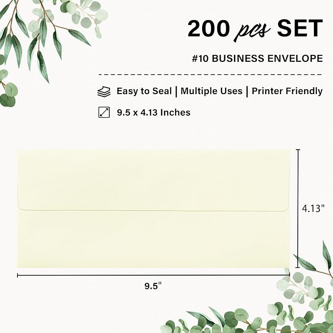 200 Pack #10 Ivory Envelopes Letter Size Self Seal Cream Business Envelopes | Security Mailing Envelopes, 4 1/8 x 9 1/2 Inches, Beige