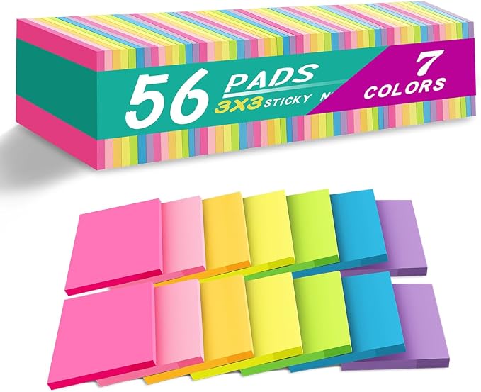 (56 Pads) Sticky Notes Bulk 3x3 in Post Bright Stickies Colorful Memo Pads | Strong Adhesive Super Sticking Power