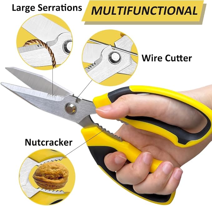 Heavy Duty Scissors, Sharp Scissors All Purpose Heavy Duty with Serrated Edge, Comfortable Non-Slip Handle, Easy Cutting Cardboard, Wires, Fabric, Leather, Iron Mesh (Yellow)