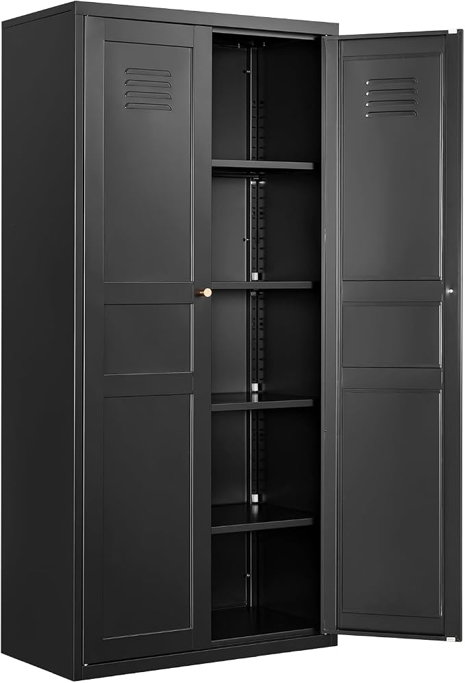 Fesbos Metal Storage Cabinet-71” Tall Steel File Cabinets with Doors and 5 Adjustable Shelves-Black Steel Storage Cabinet for Home,Kitchen, School, Office, Garage