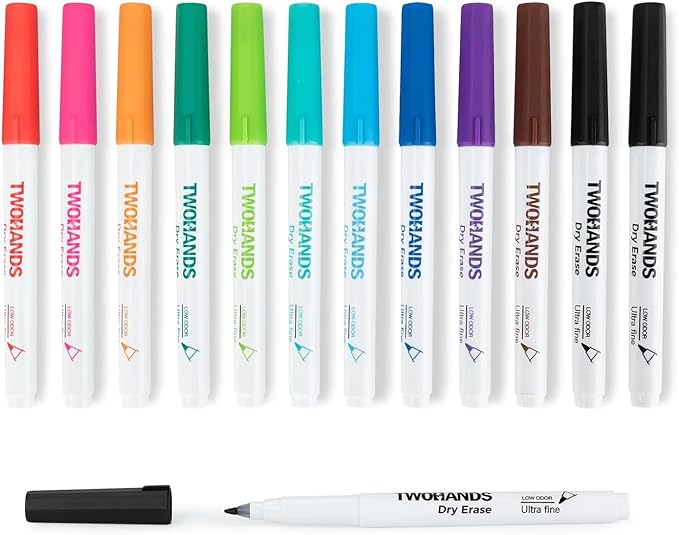 TWOHANDS Dry Erase Markers Ultra Fine Tip,0.7mm,Low Odor,Extra Fine Point,11 Assorted Colors,Whiteboard Markers for Office,Home,or Planning Whiteboard,12 Count,20529