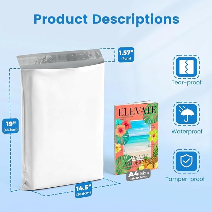 Metronic Poly Mailers 14x19 1000 Pack, Heavy Duty Shipping Bags Bulk Self Seal Waterproof Tear Weather Resistant Large Mailing Envelopes, Packaging bags for Small Business, Boutique, Clothing, White