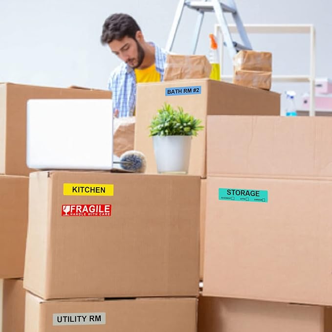 24-Roll 1440 PCS Moving Label for Box, 1×4.5 Color-Coded Sticker | 24-Pre-Printed Stickers, with Heavy/Fragile/2 Blank Customizable Labels, For Moving/Packing/Organizing, Avoid Rough Surfaces
