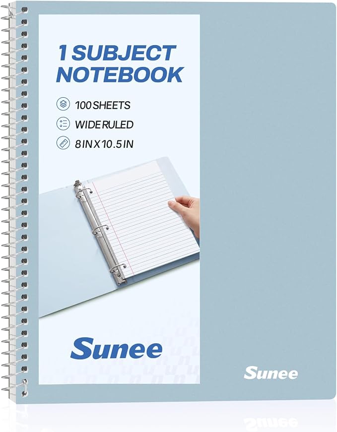 SUNEE Spiral Notebook, 1-Subject, Wide Ruled Paper, 8" x 10-1/2", 100 Sheets per Notebook, 3-Hole Punched Paper, Water Resistant Cover, Double-sided Pockets, Grey Blue
