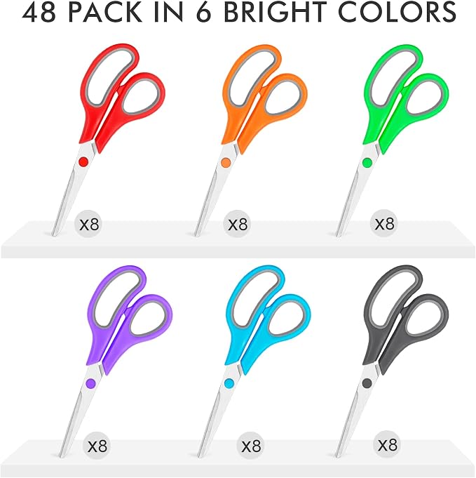 48 Pack Scissors Bulk, 8 Inch Sharp Scissors All Purpose for Office School Classroom, Shear Fabric Sewing Craft Cutting Paper for Adults Teachers Students, School Supplies for Right/Left Handles