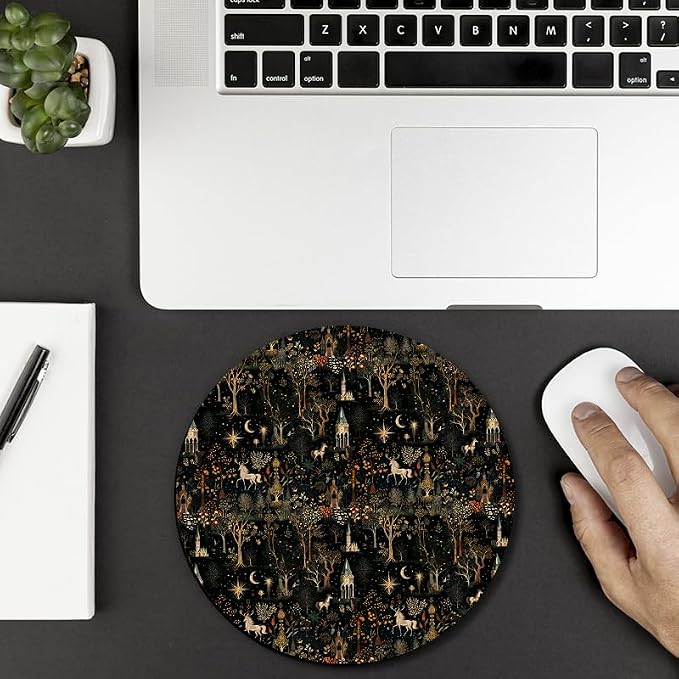 Medieval Dark Academia Witchy Round Mouse Pad, Gothic Whimsical Enchanted Forest Botanical Horse Castle Mousepad Mat for Home Office Computer Laptop Desk Accessories 7.9x7.9 in
