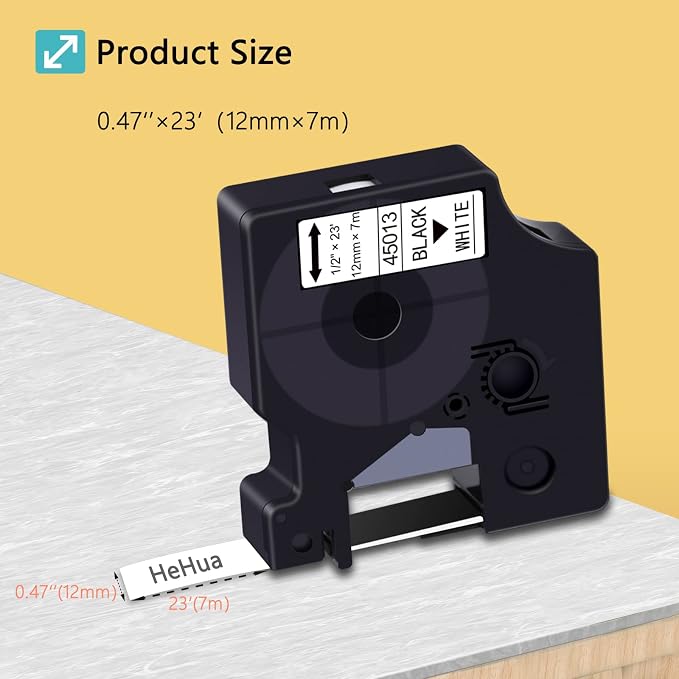 Hehua 7Pack 12mm Compatible with Dymo D1 45013 Label Maker Refills S0720530 | 1/2 inch; 12mm label;Dymo D1 45013; Black ink on White; For Label Manager 160 280 450 210D 360D 420P 260P 450D