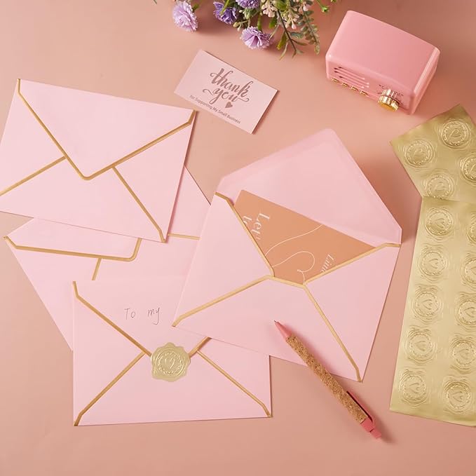 50 Pieces A7 Envelopes with Gold Border, 5.24 x 7.21 Inches Envelopes with Gold Stickers for Greeting Cards and Invitation (Pink, A7-5x7)