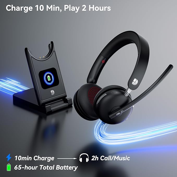 Wireless Headset with Mic for Work-Bluetooth 5.3 Headset with Microphone Noise Cancelling, Wireless Headsets with 65H Battery & 10Min Fast Charge, Smart Charging Dock for PC/Laptop/Team, Black