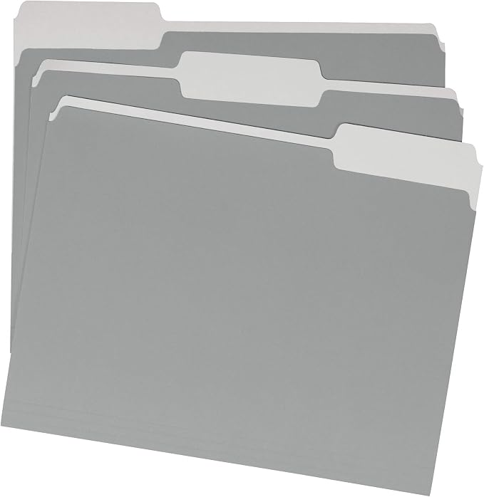 Amazon Basics File Folders for Organization, Letter Size, 1/3 Cut Tab, Gray, 36-Pack