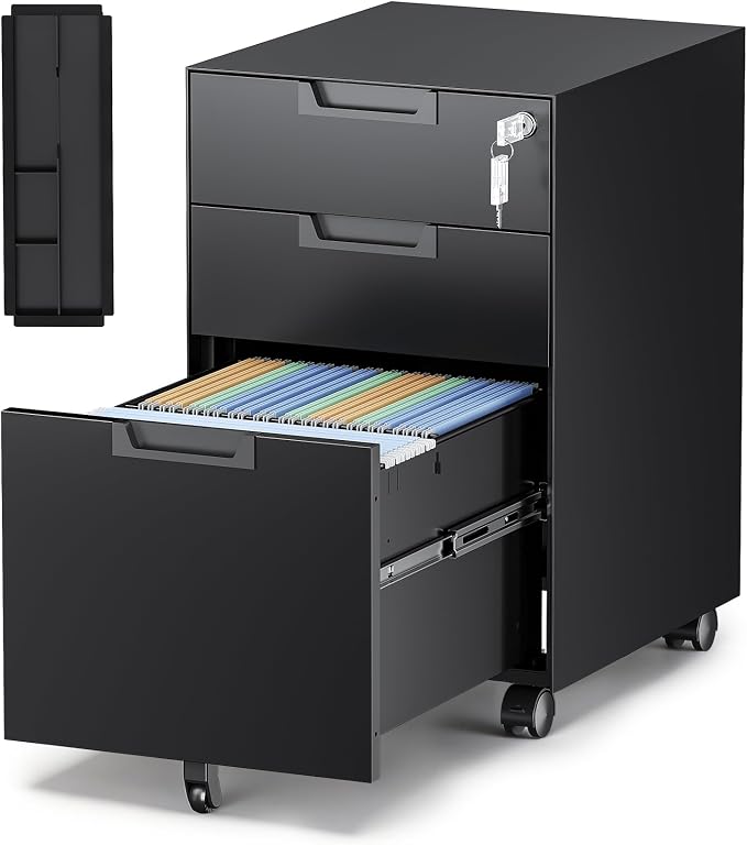 3-Drawer File Cabinet with Lock, Under Desk Rolling Filing Cabinet for Legal/Letter/A4 File Folder, Printer Stand, Metal Storage Cabinet on Wheels for Home Office(Fully Assembled，Black)