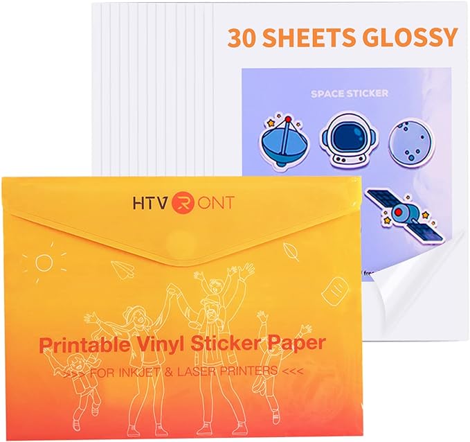 HTVRONT Printable Vinyl Sticker Paper - 30 Sheets Glossy Waterproof Sticker Paper for Inkjet Printer & Laser Printer, Dries Quickly & Tear Resistant 8.5"x11"