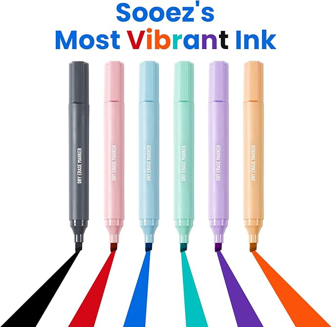Sooez 8 in 1 Dry Erase Markers Set, Includes 6 count Vibrant Color Dry Erase Markers with Chisel Tip, Cleaner Spray and Cleaning Cloth, Intended for Teens & Adults, Not Intended for Children