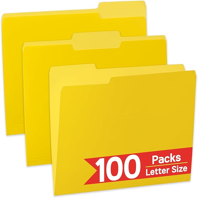 100 Packs Yellow File Folder,1/3-Cut Tabs,Paper File Folders Letter Size,8.5x11 Inch Manilla File Folders for Office Filing,School Projects and Home,Folders for Documents