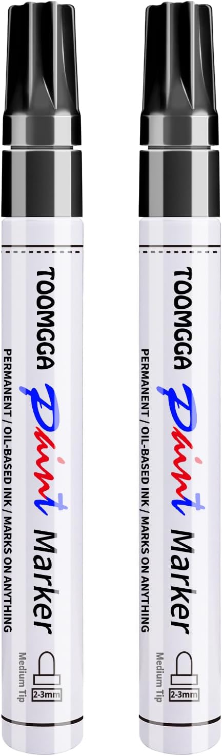 TOOMGGA 2 Black Paint Pens Permanent Paint Markers, Oil Based Medium Tip | Marking Pens, Quick Drying, Waterproof, Fade-resistant, for Rock Painting, Car Tyre, Metal, Plastic, Canvas, Mugs, Wood