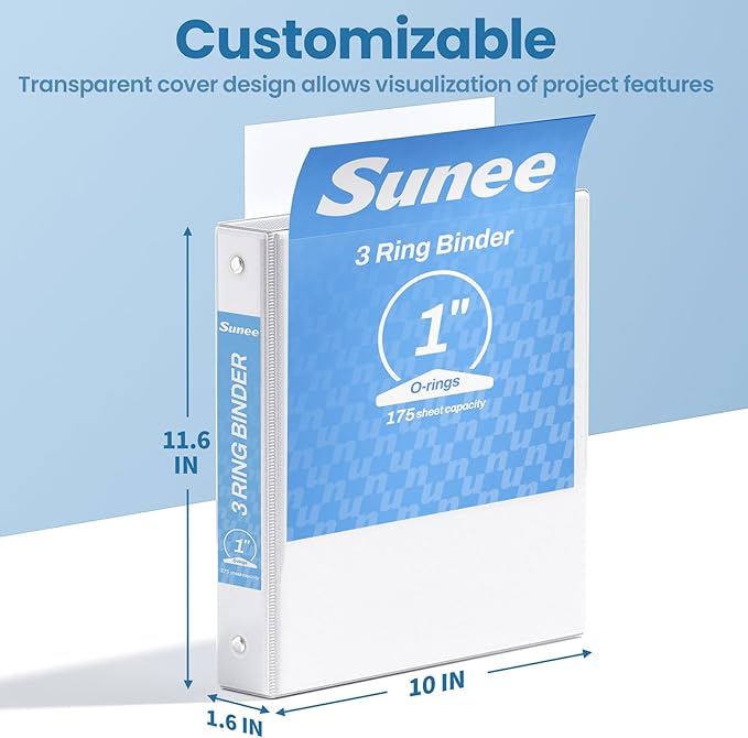 SUNEE 1 Inch Binders 3 Ring 6 Pack, Clear View Three Ring Binder PVC-Free (Fit 8.5x11 Inches) for School or Office Supplies, White