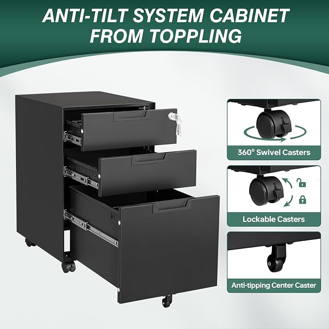 3-Drawer File Cabinet with Lock, Under Desk Rolling Filing Cabinet for Legal/Letter/A4 File Folder, Printer Stand, Metal Storage Cabinet on Wheels for Home Office(Fully Assembled，Black)