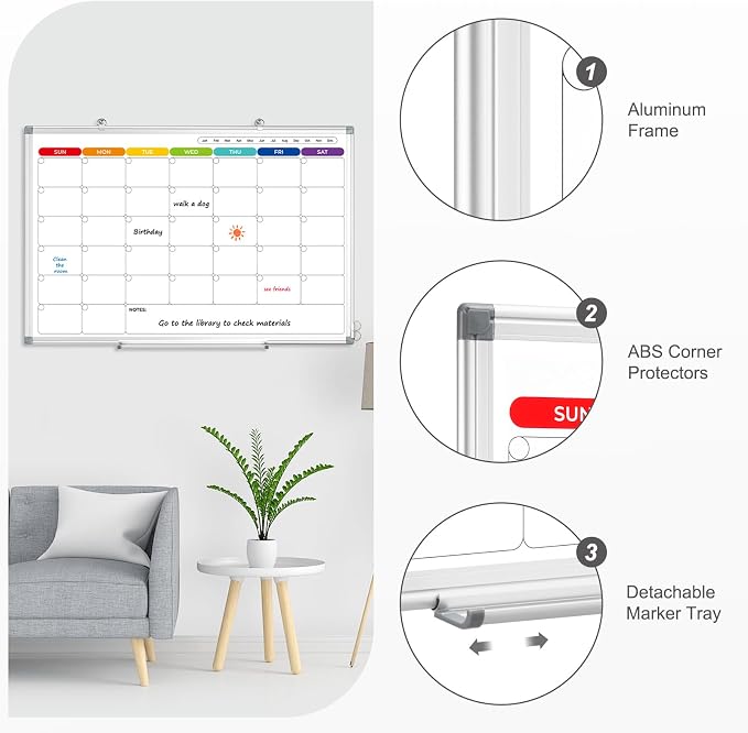 Colorful Dry Erase Calendar Whiteboard for Wall 36x24 Double-Sided Magnetic | Monthly Calendar, 7 Color Design, Wall Mount Hanging, Aluminum Frame, Smooth Dry Erase, Home School Office, Complete Kit
