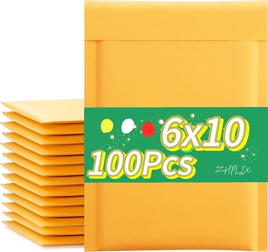Kraft bubble mailers 6x10"100Pack Usable Size 6x9in,Self Seal Strong Adhesive Shipping Bags, Cushioning Padded Envelopes for Shipping, Mailing,Small Business Supplies.